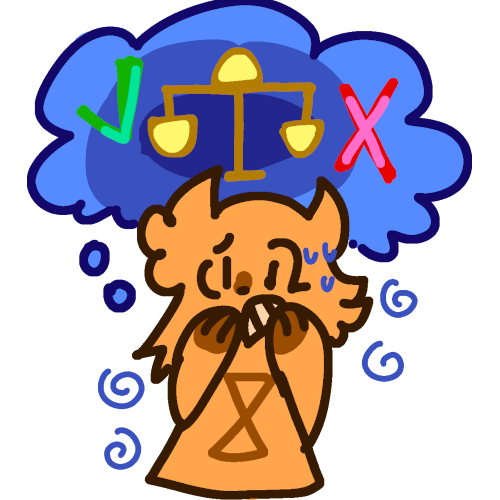 yellow creature with an hourglass symbol on its belly and brown hooves looking afraid. Surrounding them are dark blue spirals and they have a dark blue thought bubble next to them. In that thought bubble is a yellow scale with a green checkmark on the left and a red X on the right
